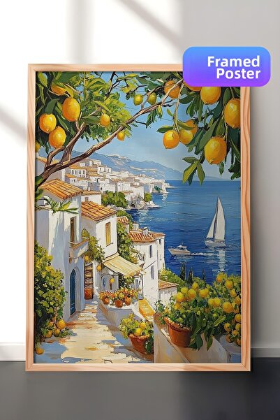 Zestia Tablou de perete cu ramă din lemn, peisaj mediteranean cu lămâi și pei...