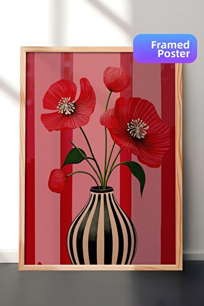 Zestia Tablou cu ramă din lemn, Poppy pe fundal roșu, Poster decorativ pentru...