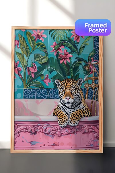Zestia Tablou cu ramă din lemn, leopard, tapet cu flori, poster de artă digit...