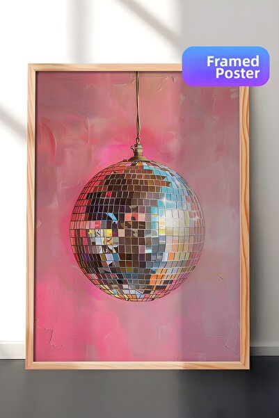 Zestia Tablou cu ramă din lemn, minge disco roz, poster decorativ pentru came...