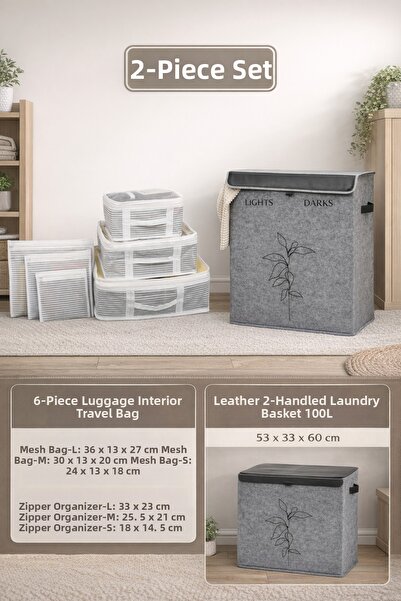 PONÇİK BEBEK Leather Two-Compartment Dirty Laundry Basket + Set of 6 Organize...