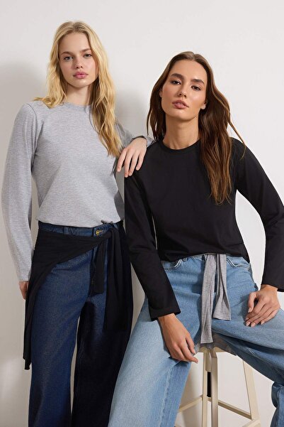 Trendyol Collection Pachet de 2 negru și gri - tricou cu decolteu turn, 100% ...