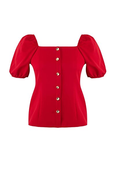 Trendyol Curve Bluză roșie cu decolteu pătrat baloane, cu detalii la mâneci, ...