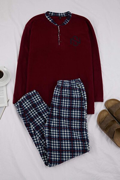 Trendyol Collection Burgunderrotes, kariertes, geknöpftes Fleece-Pyjama-Set m...