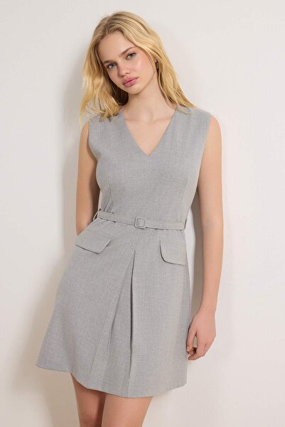 Trendyol Collection Grey Straight Belted Short / Mini Woven Dress Twoss26El00124