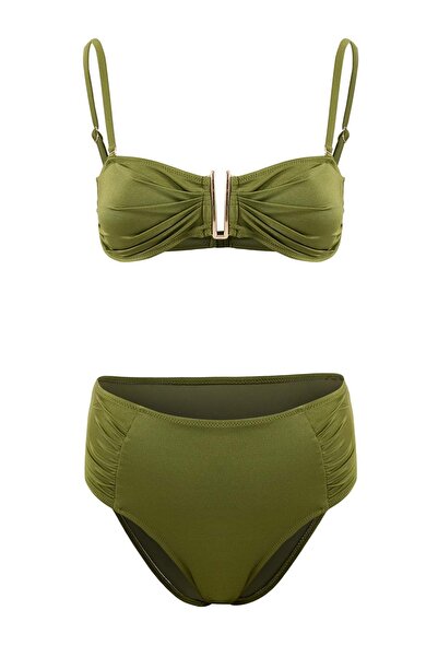 Trendyol Collection Χακί Σετ Μπικίνι με Στράπλες Λεπτομέρειες και Αξεσουάρ, Ψ...