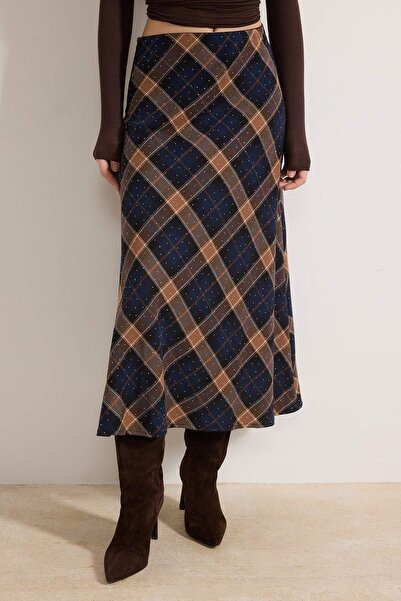 Trendyol Collection Navy Blue-Multicolor Plaid Stone Woven Long Maxi Skirt Tw...