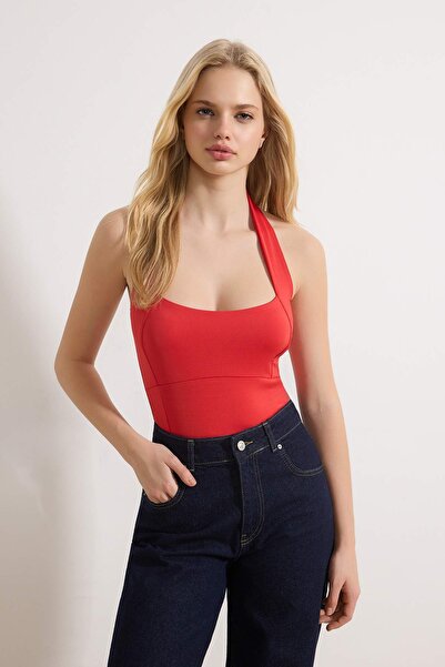 Trendyol Collection Red Fitted Halter Neck Button/Zipper Snap Fastener Stretc...