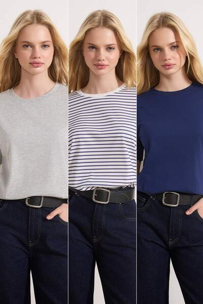 Trendyol Collection Marineblau-grau meliert-ecru gestreiftes 3er-Pack Basic-S...