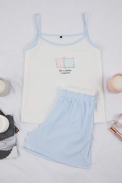 Trendyol Collection Set de pijamale tricotate cu imprimeu alb-albastru și det...