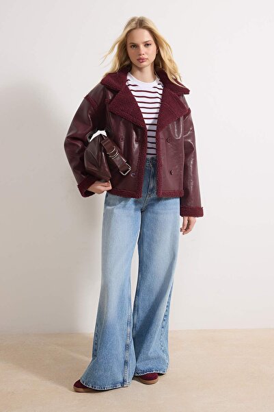 ترينديول كوليكشن سترة راكب الدراجة النارية من الجلد الصناعي - تفاصيل قطيفة با...