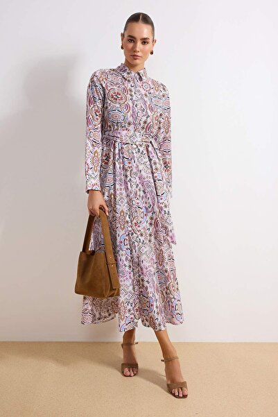 Trendyol Modest فستان تيشرت متعدد الألوان بدون بطانة من قماش تيري قطني منسوج ...