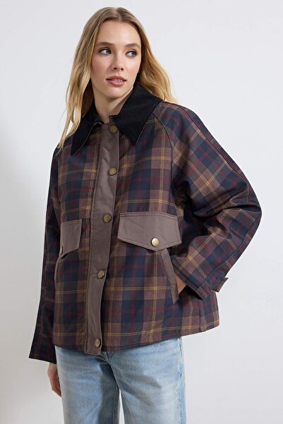 Trendyol Collection Multicolored Plaid Patterned Oversized Coat with Velvet C...