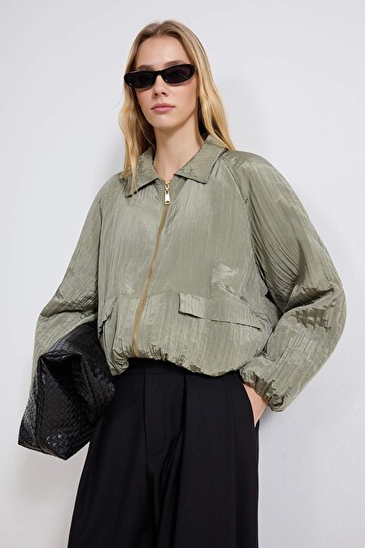 Trendyol Collection Light Khaki Thin Padded Textured Oversize Bomber Coat Two...