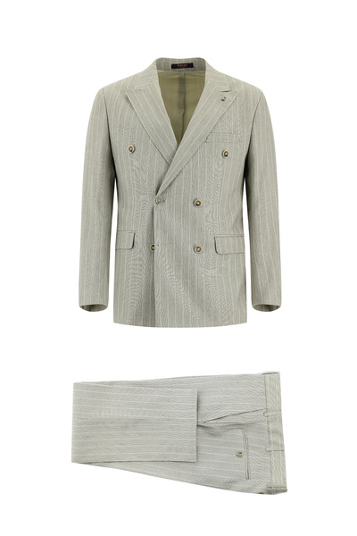 Abdullah Kiğılı 7 Drop Slim Fit Dar Kesim Çizgili Keten Kruvaze Takım Elbise