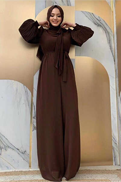 TRENDTESETTÜR KADIN KAHVE KOLLARI PİLİSELİ KUŞAKLI TULUM T 7053