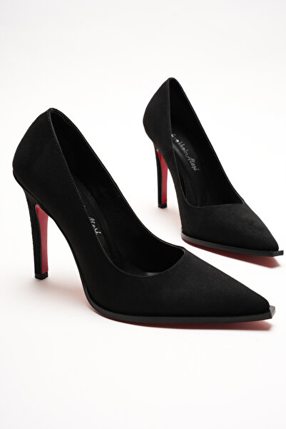 Ayakkabı Ateşi Pantofi cu toc stiletto din piele intoarsa neagra cu varf ascu...