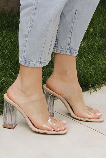 Ayakkabı Ateşi Papuci de damă cu toc transparent piele nudă