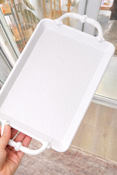 VENON Sunum Kahve Çay Servis Metal Tepsi Alara 290x185 Kulplu Beyaz 0052882