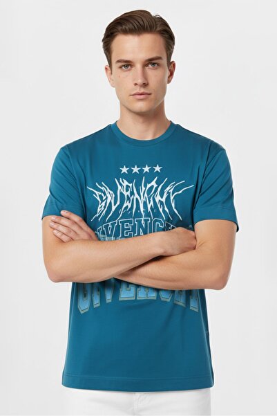 Givenchy Men Round Neck Short Sleeves Graphic Print T-Shirts, Teal Blue