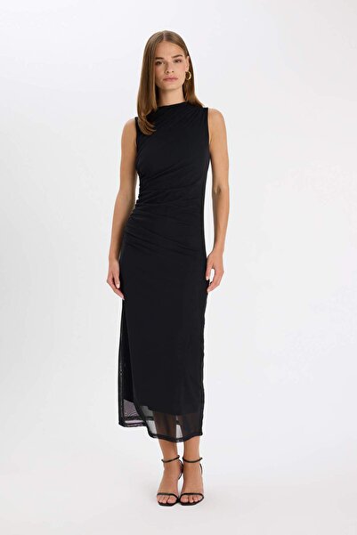 DeFacto Half Turtleneck - Tulle Sleeveless Maxi Black Dress C3519Ax24Sp