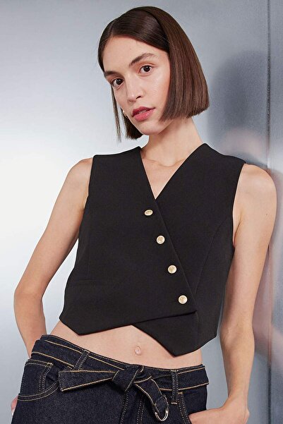 DeFacto Fitted Vücuda Oturan V Yaka Crop Çapraz Düğmeli Blazer Yelek D3159AX24AU