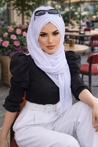 Aişe tesettür Beyaz Büzgülü Hazır Şal