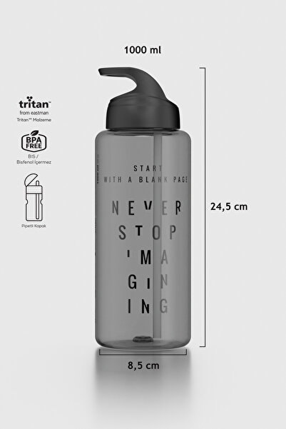 Renga Moly Yazı Desenli 1000 ml Pipetli Tritan Matara 912139 Siyah