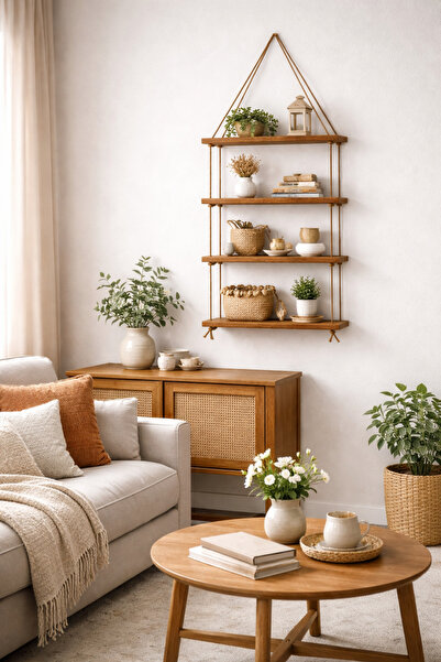 Holly Touch Masif Ahşap Duvar Rafı 4 Katlı – Mutfak, Salon, Çocuk Odası Kulla...