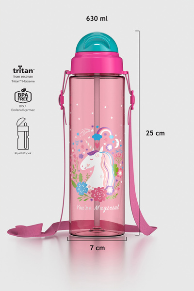 Renga Migo Desenli 630 ml Askılı Pipetli Tritan Çocuk Matara 912143 Pembe