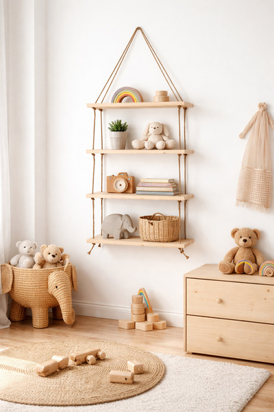 Holly Touch Masif Ahşap Duvar Rafı 4 Katlı – Mutfak, Salon, Çocuk Odası Kulla...