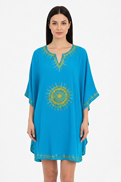 Deriderim Turquoise Sile Cloth - Short Summer Cotton Beach Dress with Bat Sle...