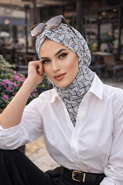 Aişe tesettür Beyaz Siyah Desenli Hazır Şal Eşarp