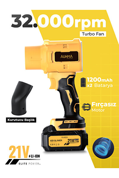 auhma AHV-18 Şarjlı Turbo Fan Hava Üfleyici Sarı - 21V Kömürsüz Motor (Brushl...