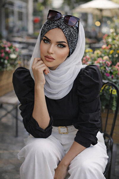 Aişe tesettür Beyaz Siyah Puanlı Büzgülü Hazır Şal