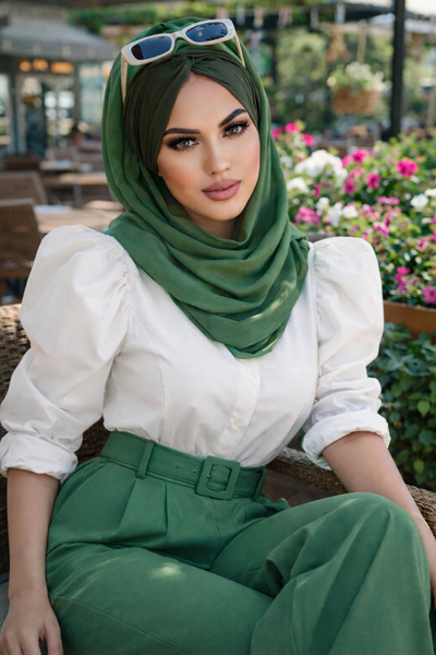 Aişe tesettür Bahar Yeşili Haki Burgu Hazır Şal
