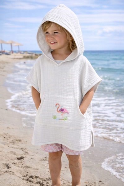 NOİSY TEKSTİL 100% Cotton 4 Layer Muslin Embroidered Hooded Poncho Beach Pool...
