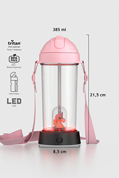 Renga Cosmo Unicorn Figürlü Led Işıklı 385 ml Pipetli Askılı Tritan Çocuk Mat...