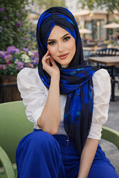 Aişe tesettür Siyah Saks Mavi Batik Desen Hazır Şal