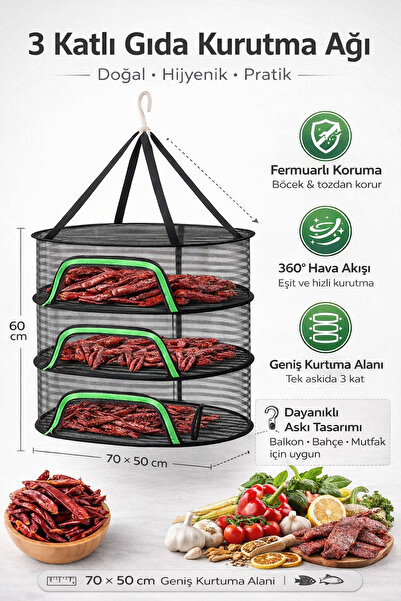 Ekostem 3 Katlı Fermuarlı Meyve Sebze Kurutma Filesi | Katlanabilir Doğal Kur...