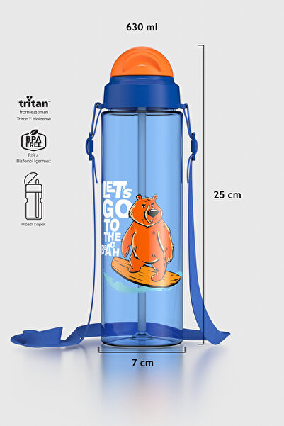 Renga Migo Desenli 630 ml Askılı Pipetli Tritan Çocuk Matara 912143 Mavi