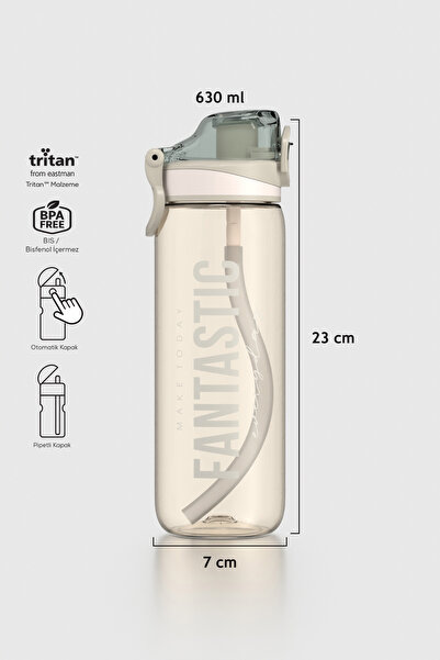 Renga Trego Sport Yazı Desenli 630 ml Pipetli Tritan Matara 912170 Bej