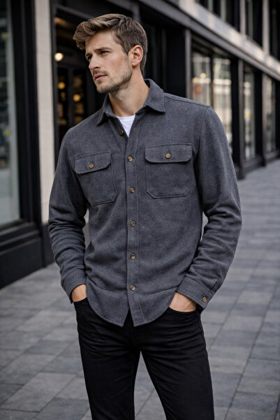 Le Marin Erkek Gri Oduncu Gömlek Cepli Kalın Kumaş