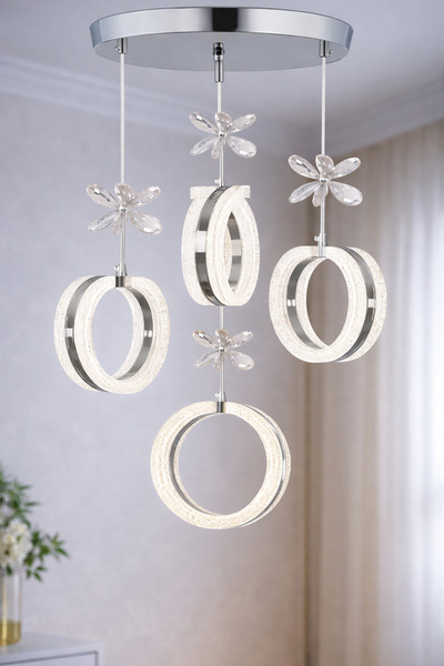 EY-EL TASARIM 4'LÜ ALYANS KROM 3 RENK MODLU KRİSTAL TAŞLI LEDLİ AVİZE