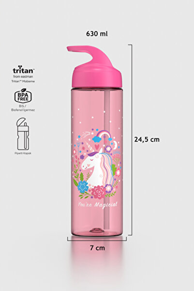 Renga Moly Desenli 630 ml Pipetli Tritan Çocuk Matara 912172 Pembe