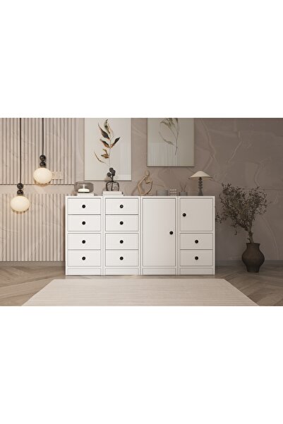Nettrends Dolaplı Çekmeceli Şifonyer Beyaz 130 Cm Şfn-1011-ç