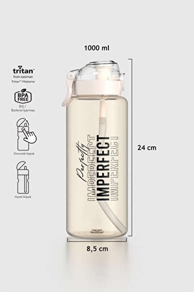 Renga Saga Loop Yazı Desenli 1000 ml Pipetli Tritan Matara 912173 Bej