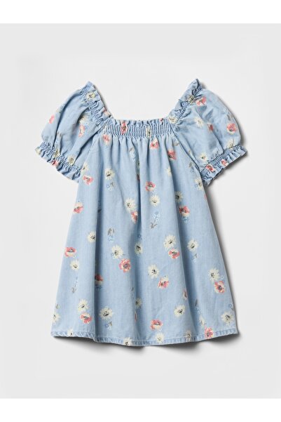 GAP Bebek Mavi Çiçek Desenli Denim Elbise