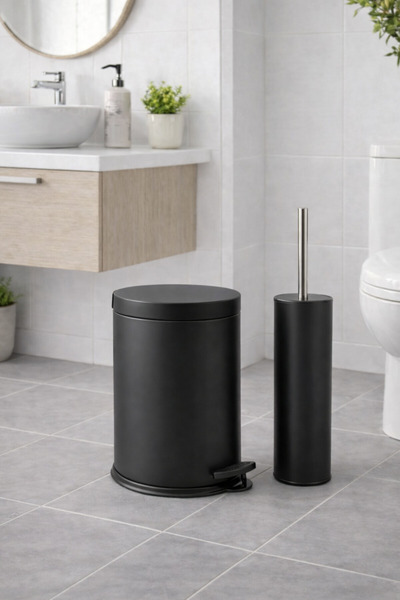 Sas Haus Siyah Kadife 2'li Banyo Seti - Metal Çöp Kovası 3 Lt ve WC Fırçası T...