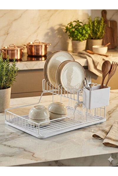 Hagen Paslanmaz Iki Katlı Bulaşıklık Tezgah Üstü Kurutma Beyaz Bulaşıklık Sep...